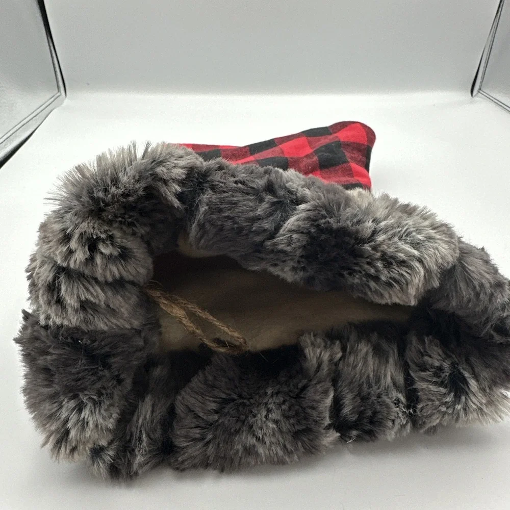Large Red‎ & Black Checker Plaid Woven Stocking With Faux Fur Collar